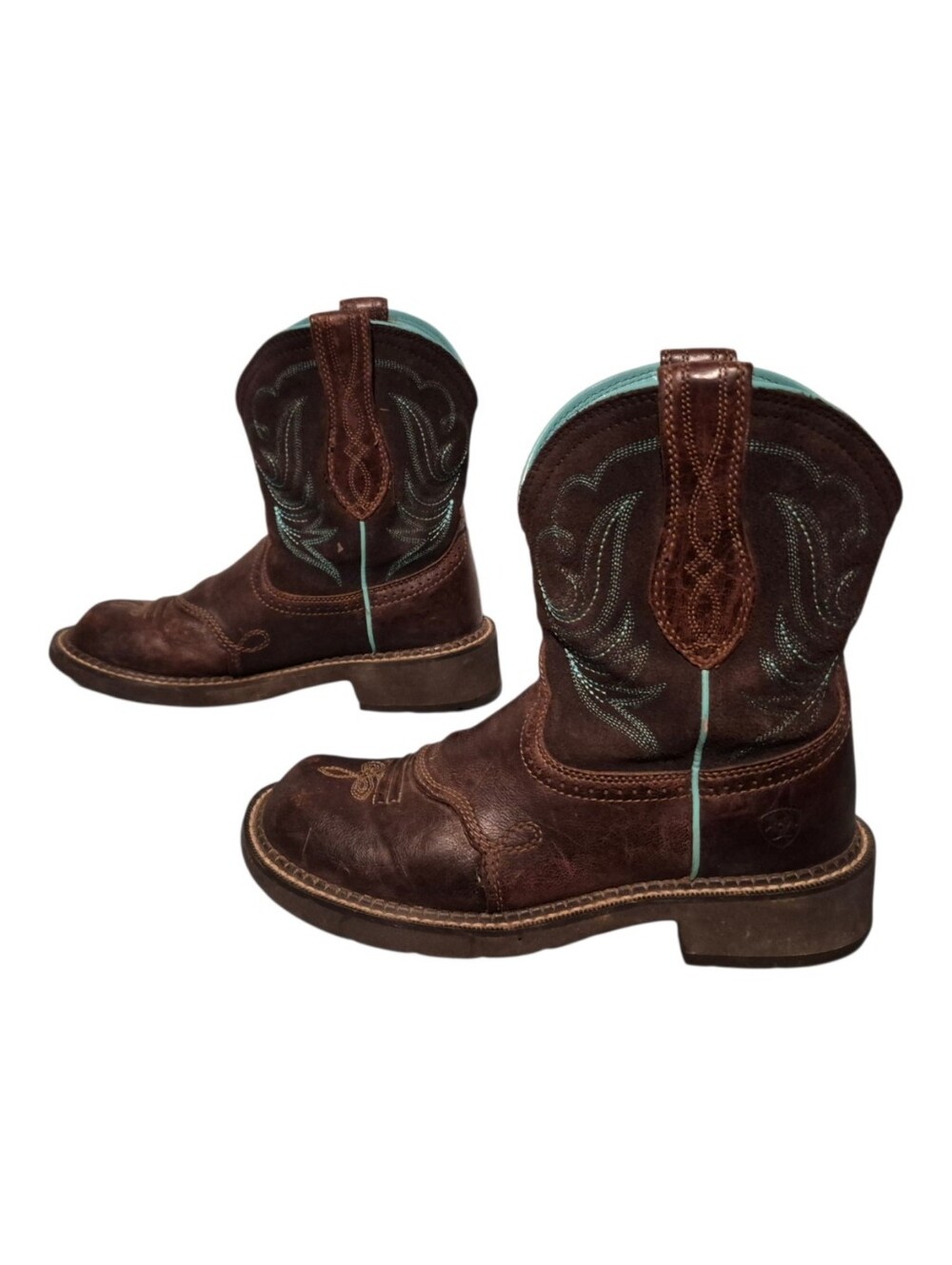Ariat Brown Leather Cowboy Western Boots Turquoise Stitching Women's Size 7.5